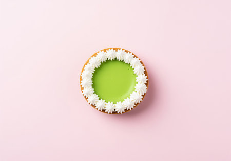 Single miniature green tea tart dessert centered on a bright pink surface, decorated with a ring of white piped whipped cream. clean, high key studio shot, top view.の素材