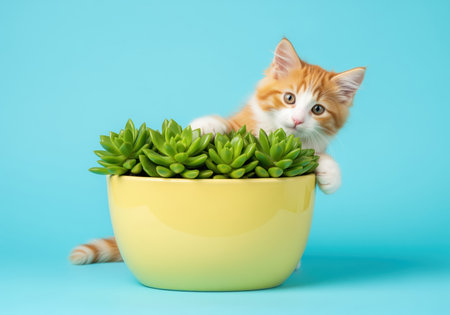 Adorable ginger and white kitten peeking over a yellow ceramic pot containing vibrant green succulent plants against a bright blue background. cute pet concept.の素材