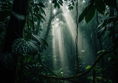 Dense, dark tropical rainforest scene featuring lush green foliage, hanging vines, and dramatic sunbeams cutting through the misty canopy, creating an atmospheric jungle environment.の素材
