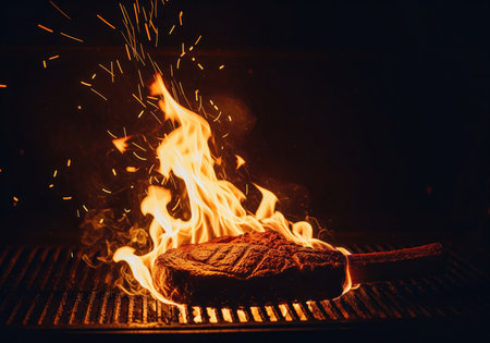 Thick, bone in tomahawk steak searing directly on a hot grill, dramatically surrounded by large orange flames and glowing sparks against a dark background.の素材
