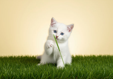 Tiny fluffy white kitten with bright blue eyes sitting on lush green grass, playfully biting a single blade of grass. studio shot against a soft yellow background, emphasizing pet care and spring concepts.の素材