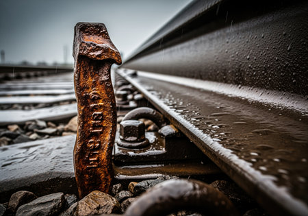 Heavily oxidized railroad spike standing upright next to a wet, dark steel rail. the track infrastructure is covered in wet ballast under a gloomy sky, emphasizing industrial decay and texture.の素材