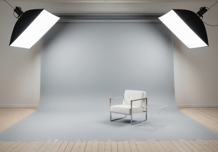 Professional photography studio featuring a smooth gray seamless paper backdrop, equipped with two large softbox lights and a modern white armchair. ideal for commercial shoots, product display, and portraiture with ample copy space.の素材