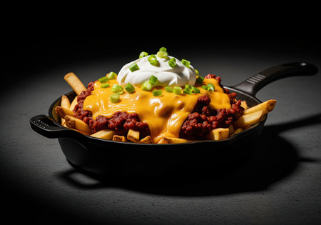 Chili cheese fries loaded with savory ground beef chili, melted orange cheddar sauce, a swirl of sour cream, and fresh green onion, presented in a black cast iron skillet.の素材