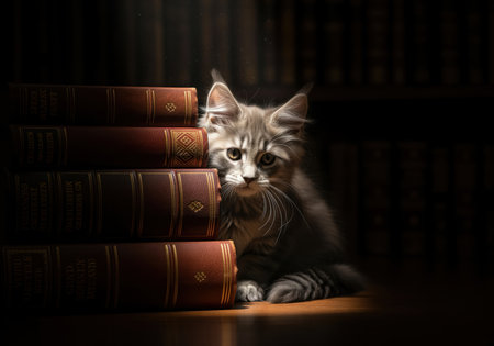 Fluffy gray kitten peering out from behind a stack of four antique, leather bound books in a dimly lit library setting. dramatic lighting highlights the cat and the vintage volumes, suggesting curiosity and study.の素材