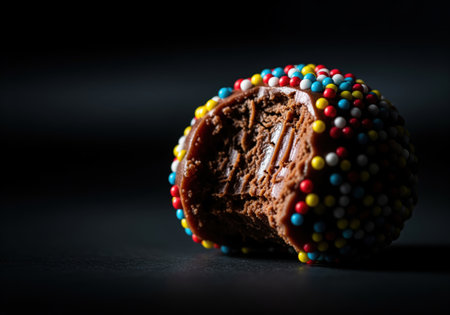 Rich chocolate truffle, partially eaten, revealing the creamy interior texture, covered in vibrant multicolored sprinkles. dramatic low key lighting against a dark background emphasizes indulgence and sweetness.の素材