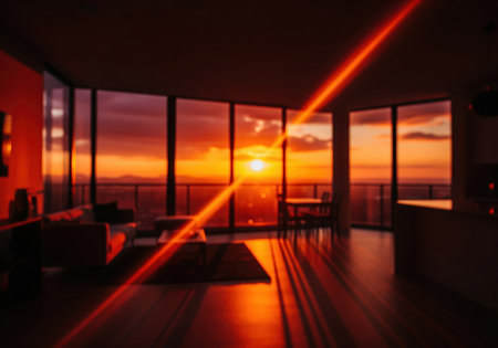 Luxury apartment interior featuring floor to ceiling windows overlooking a fiery, dramatic sunset. deeply blurred focus creates a moody atmosphere with intense orange light and strong lens flare reflections on the floor.の素材