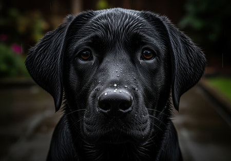 Black labrador retriever dog head captured in a dramatically moody close up portrait. the dog has wet, dark fur and water droplets visible on its muzzle, giving an intense and serious gaze.の素材