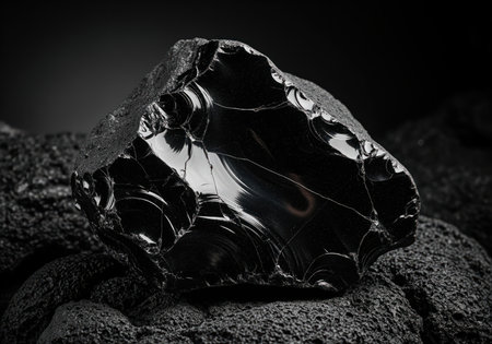 Massive, raw chunk of black obsidian volcanic glass resting on dark, textured rock. high contrast studio shot emphasizing the glossy, fractured surface and geological texture.の素材