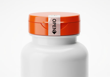 White plastic supplement or vitamin bottle featuring a bright orange flip top cap. a clear tamper evident security seal with the word OPEN secures the packaging.の素材