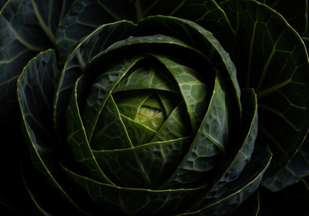 Dark green cabbage head captured in a dramatic macro close up. tightly furled leaves create a complex, textural pattern, emphasized by deep shadows and high contrast lighting.の素材