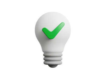 White 3D light bulb featuring a prominent green checkmark icon, representing a successful idea, approved concept, or efficient solution. perfect graphic for business, innovation, and energy topics.の素材