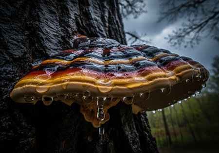 Glossy, multicolored bracket fungus growing on the dark, wet bark of a tree trunk in a moody forest setting. water droplets hang and drip from the underside of the shelf, highlighting the damp environment and natural decay process.の素材