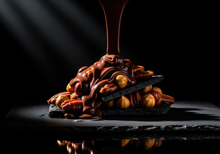 Molten dark chocolate pours over a stack of crunchy hazelnuts and pecans on a dark slate surface. dramatic low key studio lighting emphasizes luxury and indulgence.の素材