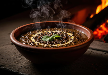 Piping hot black lentil dhal stew, garnished with cream and cilantro, served in a rustic terracotta bowl. steam rises dramatically against the dark, warm background of a glowing fireplace.の素材
