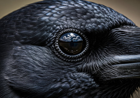 Extreme close up macro shot capturing the intricate detail of a black raven eye and feathers. the glossy eye reflects the blue sky and white clouds, creating a dramatic contrast.の素材