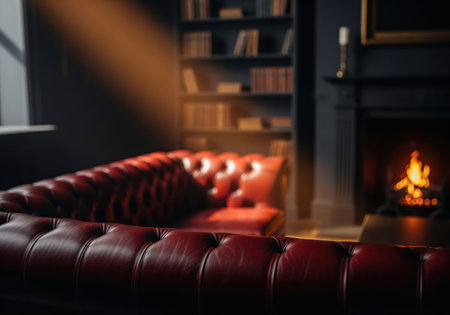 Deep oxblood red leather chesterfield sofa dominating a moody, dimly lit interior space. features a blurred background showing a cozy fireplace and dark bookshelf. classic luxury and sophistication.の素材
