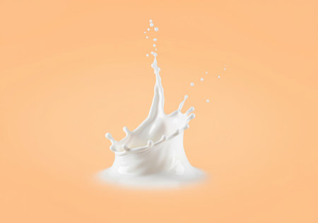 Dynamic high speed splash of white milk liquid with droplets rising up, isolated against a solid light orange background. ideal for dairy and beverage advertising concepts.の素材