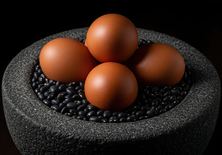 Four smooth brown eggs nestled atop a bed of raw black beans inside a rough, dark gray stone mortar. high contrast, moody studio lighting emphasizes texture and form.の素材