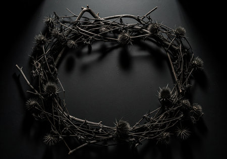 Haunting dark wreath frame composed of gnarled bare branches and dried thistle burrs, dramatically lit against a deep black background. represents concepts of death, decay, gothic style, and winter.の素材