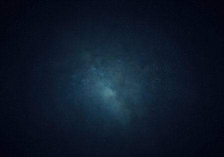 Dark blue abstract background featuring a central glowing teal nebula or dust cloud, scattered with small white particles resembling stars or cosmic elements. ideal for technology and science concepts.の素材