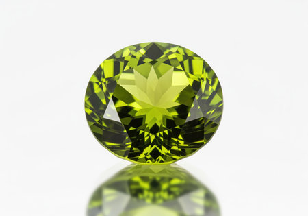Vibrant green peridot gemstone, expertly faceted with a brilliant cut, reflecting clearly on a polished white surface. high quality jewel representing luxury, wealth, and august birthstone.の素材