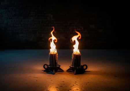Two thick, dark candles burn intensely, casting warm light and dramatic shadows on a reflective floor in a mysterious, low key setting with a dark brick wall. symbolizes mystery, ritual, darkness, and light.の素材