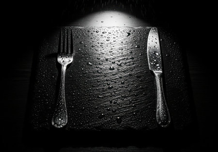 Symmetrical fork and knife flatware set on a wet, dark slate board. dramatic monochrome studio shot with high contrast and strong spotlight illumination.の素材
