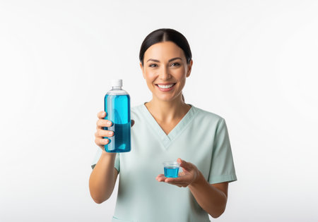 Smiling woman in medical scrubs holding a large bottle of blue mouthwash and a small measuring cup filled with the liquid. promoting fresh breath and dental hygiene.の素材