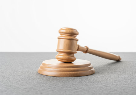 Wooden judge gavel and sounding block resting on a smooth gray surface with a bright white background. symbolizes justice, authority, law, court proceedings, and auction sales.の素材