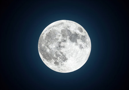 Brilliantly illuminated full moon centered against a deep dark night sky, showcasing the detailed texture of its surface, craters, and lunar maria.の素材