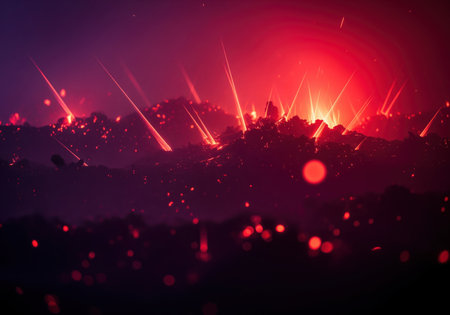 Abstract scene depicting a dramatic meteor shower or fiery bombardment over a dark, rugged landscape. intense crimson and violet light creates an apocalyptic atmosphere with glowing bokeh effects.の素材