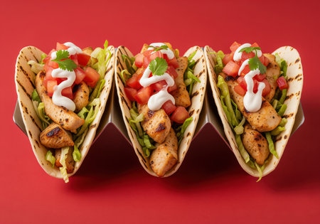 Three grilled chicken tacos served upright in a metal holder, filled with lettuce, diced tomato salsa, and drizzled with white cream, isolated on a vibrant red studio background.の素材