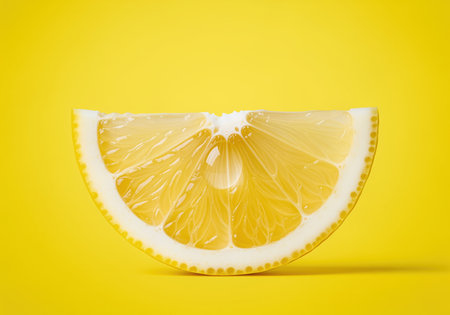 Pristine, high resolution studio shot of a fresh lemon slice featuring a single water droplet, isolated on a vibrant yellow background. ideal for food, drink, and health concepts.の素材