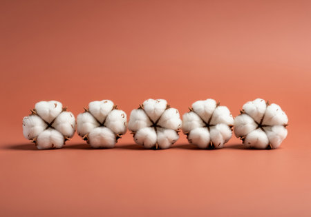 Fluffy, natural white cotton bolls arranged in a row against a warm terracotta background. clean studio shot emphasizing organic fiber, purity, and softness.の素材
