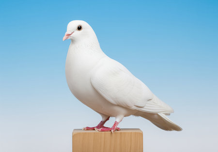 White dove standing in profile on a small wooden block. the bird has smooth, pearlescent feathers and pink feet, set against a vibrant blue gradient background. symbolizes peace, purity, and freedom.の素材