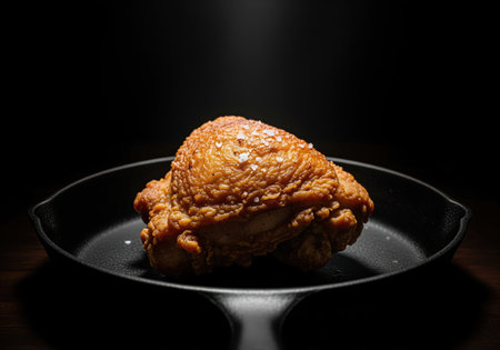 Crispy golden brown fried chicken thigh seasoned with coarse sea salt, dramatically lit and presented on a rustic black cast iron skillet against a dark background.の素材