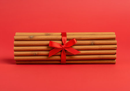 Neat stack of fragrant cinnamon sticks tied horizontally with a bright red satin ribbon bow. presented on a vibrant red studio surface, emphasizing spice, flavor, and holiday concepts.の素材