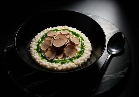 Creamy italian risotto topped with delicate slices of black truffle and vibrant green herb oil, presented in a deep black bowl. gourmet fine dining dish captured with dramatic low key lighting.の素材