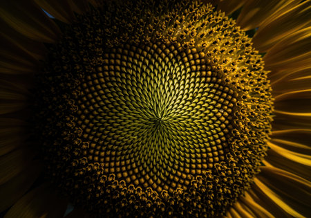 Intricate center of a sunflower head, highlighting the mesmerizing fibonacci spiral pattern formed by the developing seeds. dramatic, moody lighting emphasizes the texture and detail.の素材