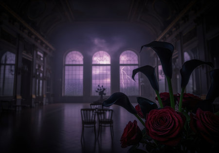 Dark red roses and black calla lilies in the foreground of a grand, antique ballroom. a dramatic thunderstorm with lightning illuminates the large arched windows, creating a mysterious and gothic atmosphere.の素材