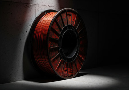 Large spool of red industrial filament resting against a dark concrete wall in a dramatic, low key studio setting. focus on the rugged texture and high contrast lighting.の素材