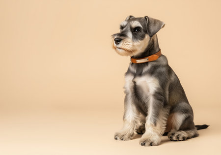 Miniature schnauzer puppy with salt and pepper fur sitting calmly in a professional studio setting. the dog wears a brown leather collar and looks to the side against a clean beige background.の素材