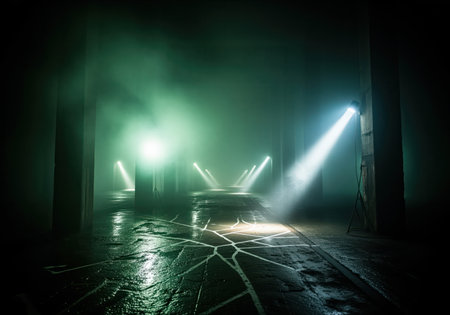Dark, wet industrial space featuring concrete pillars and a cracked floor, dramatically illuminated by intense green and blue spotlights cutting through thick atmospheric fog.の素材