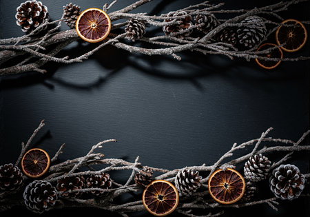 Dark rustic holiday border featuring frosted winter branches, natural pinecone decorations, and dried orange slices arranged around a central black slate copy space. seasonal flat lay composition.の素材