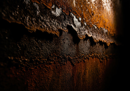 Severely rusted metal surface texture featuring deep orange and brown corrosion, peeling layers, and dramatic dark shadows. industrial, decay, and grunge concept background.の素材
