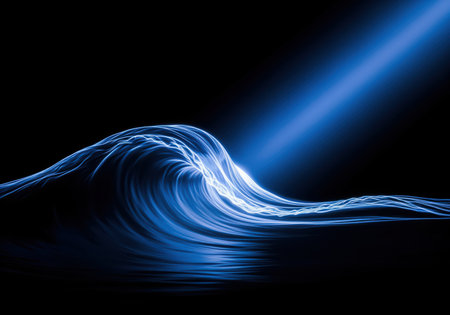 Powerful abstract blue light wave glowing intensely in darkness, illuminated by a strong diagonal beam. represents concepts of energy, technology, data flow, and digital movement.の素材