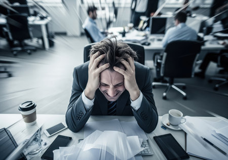 Stressed businessman sitting at his desk, holding his head in despair, surrounded by scattered papers and devices in a chaotic, fast paced office environment, symbolizing burnout and pressure.の素材