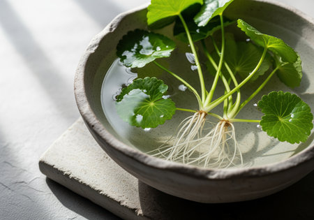 Fresh centella asiatica plants with vibrant green leaves and visible roots submerged in clear water inside a textured ceramic bowl, highlighting natural wellness and herbal properties.の素材