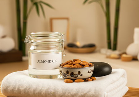Glass jar of natural almond oil and whole almonds in a bowl, placed on a soft white towel with a black spa stone. ideal for beauty, massage, and skin care.の素材